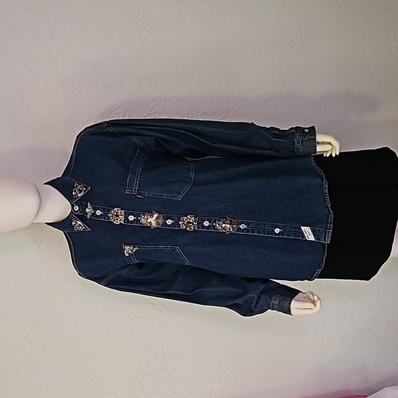 VTG MILANO BAY Cherub Embellished Denim Button Down Shacket Shirt - Picture 3 of 12